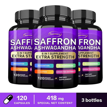Saffron Supplement Glucomannan Ashwagandha Green Tea Extract Lutein and Zeaxanthin Extract Capsules - Improves Mood and Vision