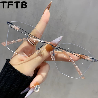 TFTB 2025 Women's Fashion Cat Eye Rimless Glasses Ultra-light Trendy Alloy High-end Optical Prescription Eyeglasses Frame 19028
