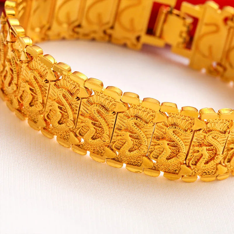 Men's 24K Gold (AU999) Double-Sided Dragon Bracelet | Double-sided carving, hammered brocade with titanium