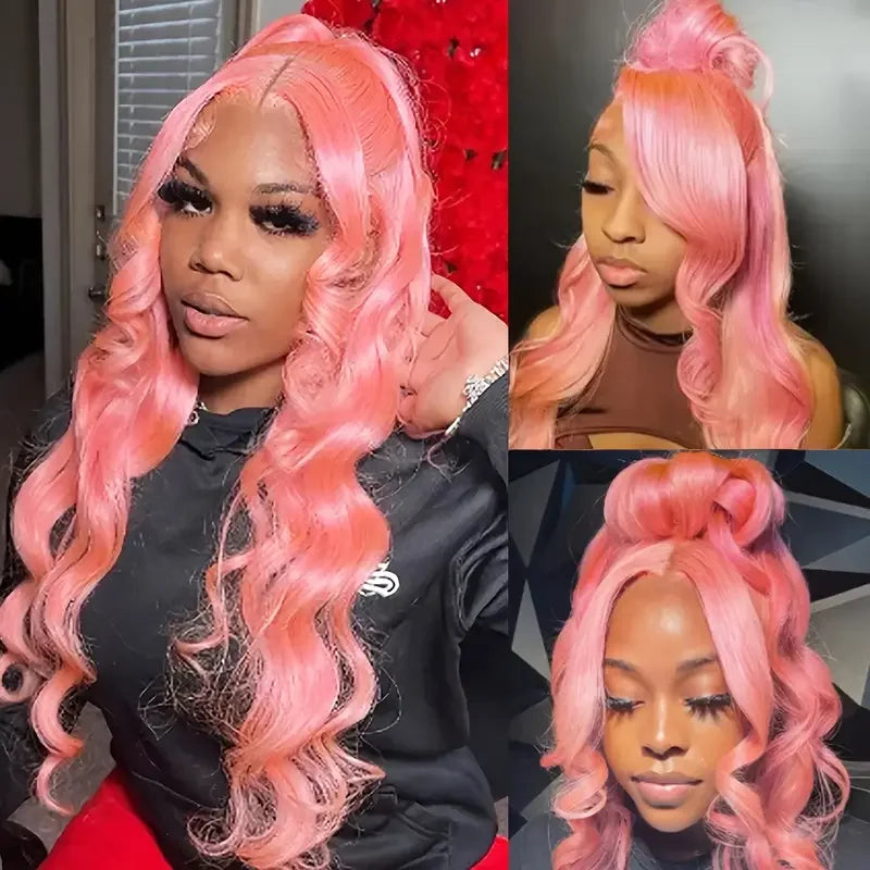 Pink Body Wave 13x4 13x6 HD Transparent Lace Frontal Wigs 30 40 Inch Lace Front Wig Color Human Hair Wigs Pre Plucked For Women