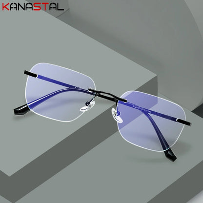 Men Titanium Rimless Eyeglasses Frame Blue Light Blocking Lenses Women Anti Fatigue Glasses Prescription Myopia Reading Eyewear