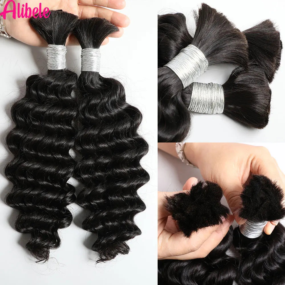 Alibele Hair Bulk Hair For Braiding 100% Real Human Hair Deep Curly Hair For Boho Braids 12A Grade Hair 95g-105g Natural Color