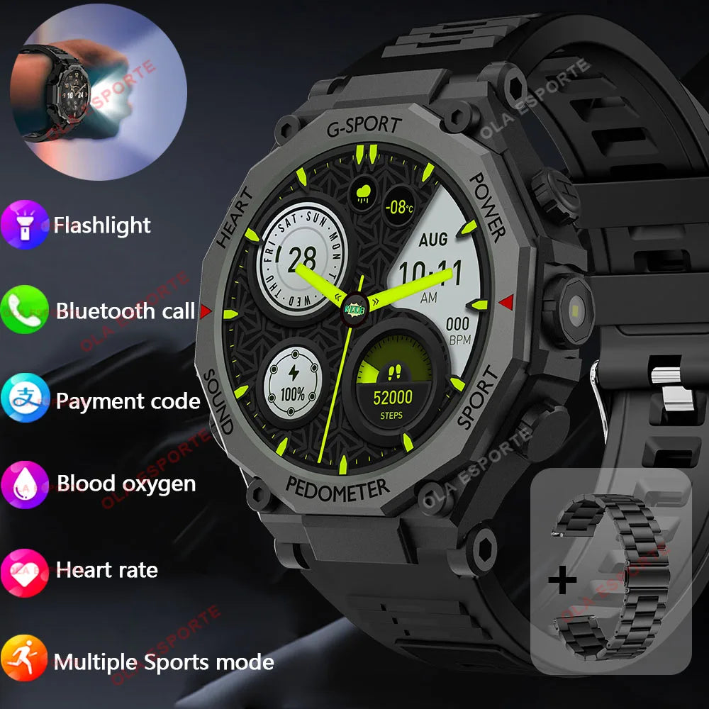 New Outdoor LED Flashlight Smart Watch Men 2025 Bluetooth Call Heart Rate Monitoring Military Sports SmartWatch For Android IOS