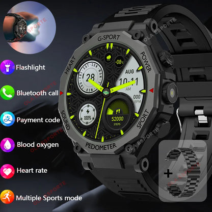 New Outdoor LED Flashlight Smart Watch Men 2025 Bluetooth Call Heart Rate Monitoring Military Sports SmartWatch For Android IOS