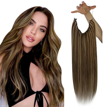 VeSunny Fish Line Human Hair Extension Wire Natural Hair OnePiece Invisible Wire Hair Weft with 2 Clips Machine Made Blonde Hair
