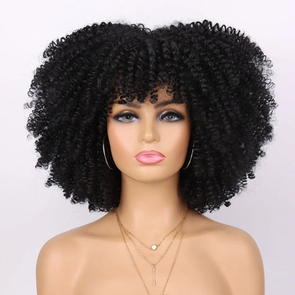 Tereshar Synthetic Short Curly Wigs for Black Women Afro Wig With Bangs Short Afro Kinky Curly Wig for Daily Party Wear