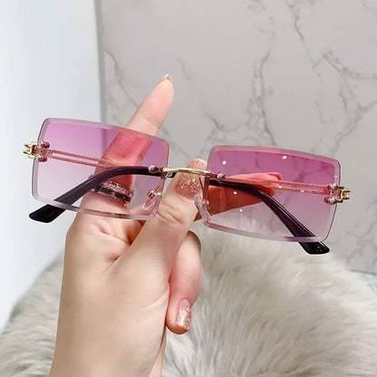Vintage Fashion Rimless Sunglasses for Women Frameless Rectangle Shades Gradient UV400 Summer Traveling Sun Glasses for Womenn