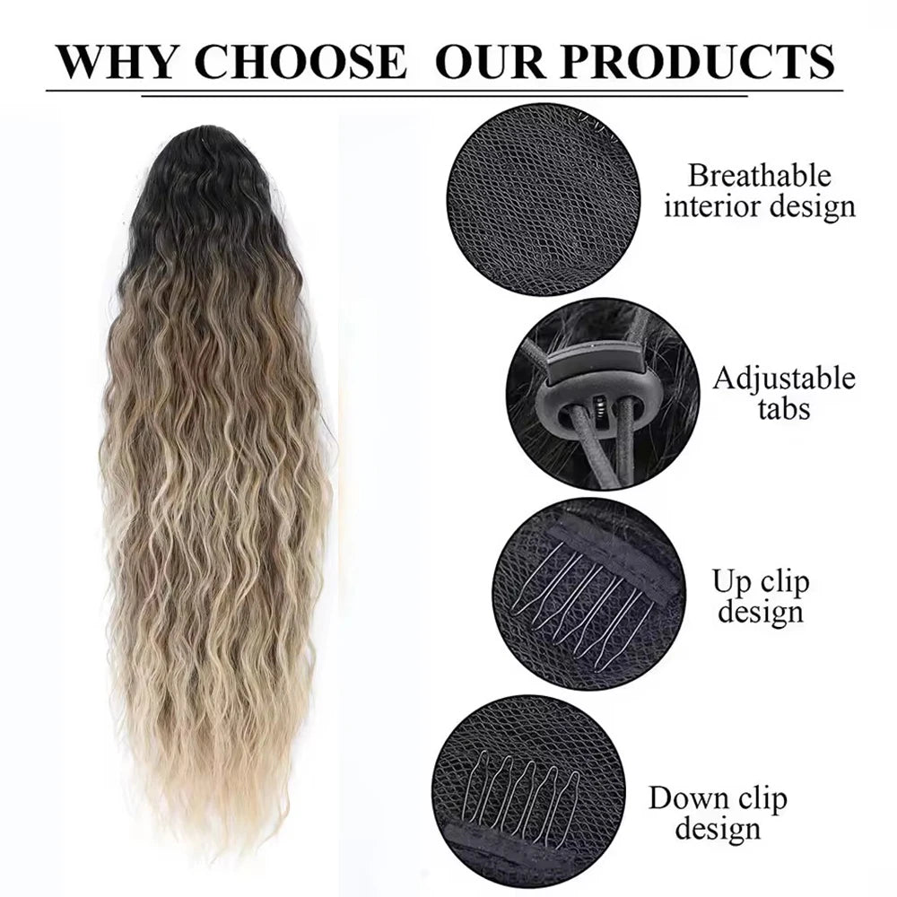 Drawstring Ponytail Extension Synthetic Heat Resistant Fiber Ombre Blond 28inch Long Hollywood Water Body Wave Clip in Hair