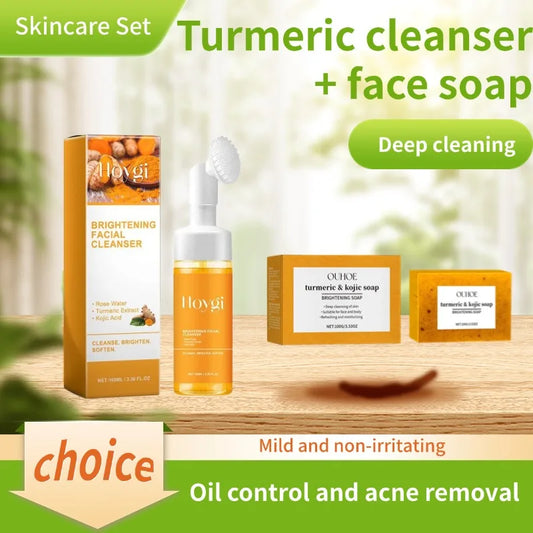 Turmeric Face Soap Facial Cleanser Set Gentle Cleaning Lemon Turmeric Essence Skin Purifying Soap Facial Cleanser Skin Care Set