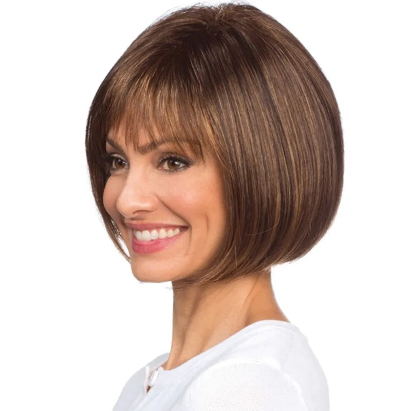 European Short Brown Wig: Trendy Layered Bob Hairpiece with Light Air Bangs for Natural Fashion Look - Synthetic Hairpiece