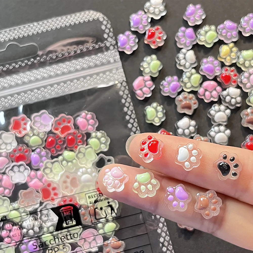 50pcs 3D Mini Cartoon Jelly Cat Paw Nail Art Charms Resin Mixed Luminous Effect Flatback Bear/Cat's Paw Manicure Hairwear Parts
