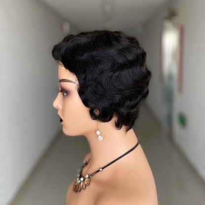 Short Finger Wave Wig Brazilian Human Hair Wig For Women Brown Short Ocean Wave Wig Peruca Burgundy Pixie Cut Machine Wigs