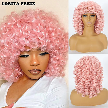 Short Loose Red Curly Wig for Black Women Curly Afro Wig with Bangs Synthetic Fiber Natural Looking Glueless Hair for Daily Wear