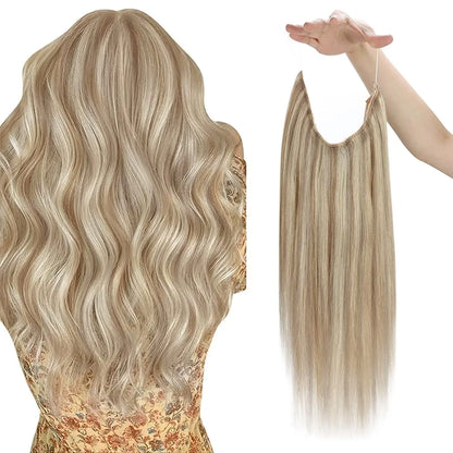 VeSunny Fish Line Human Hair Extension Wire Natural Hair OnePiece Invisible Wire Hair Weft with 2 Clips Machine Made Blonde Hair