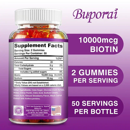 Biotin Gummies 10000mcg - Supports Healthy Hair, Skin and Nails, Boosts Immunity, and Improves Digestion and Absorption