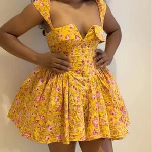 French Midi Dresses U-Neck Flower Print High Waisted A-Line Irregular Short Dresses Women's Summer Elegant Sexy Slim Fit Dress