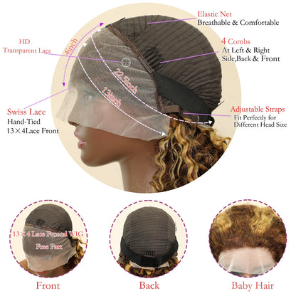 Highlight P4/27 Water Wave 13x4 Brown Blonde Color 210% Short Bob Pre Plucked Wigs Transparent Lace Human Hair Wigs For Women