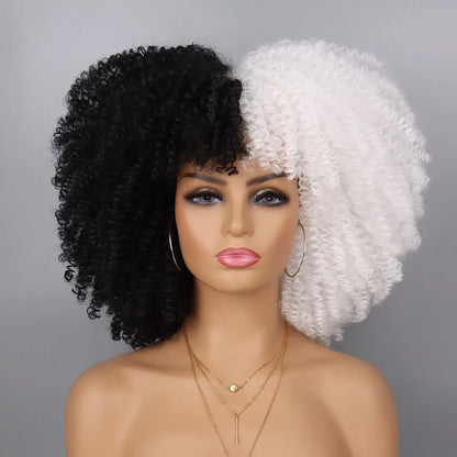 Tereshar Synthetic Short Curly Wigs for Black Women Afro Wig With Bangs Short Afro Kinky Curly Wig for Daily Party Wear