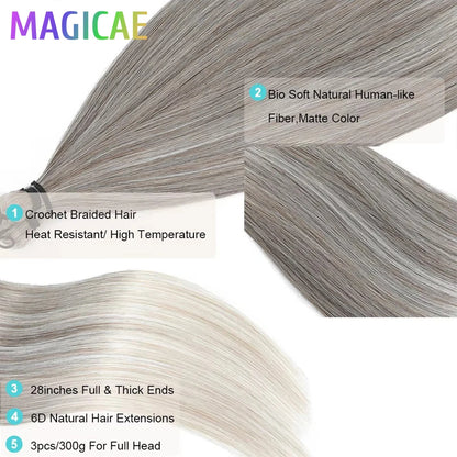 28Inch Ombre Straight Brown 6# M816# Blond 613 White Gray 60# 3Pcs Bundles Crochet Braids Ariel High Temperature Synthetic Hair