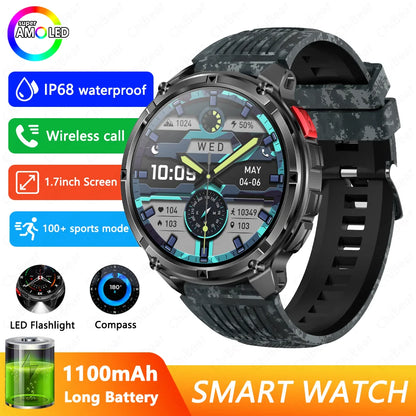 1100mAh Battery Smart Watch 1.7 Inch 360*360 AMOLED HD Screen Men Watch Compass 1ATM Waterproof Bluetooth Call Sports Smartwatch