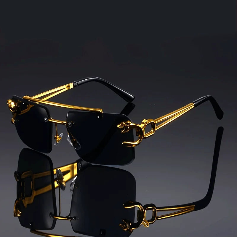 Vintage Luxury Golden Fahsion Glasses Cool Tiger Stand Women's Frameless Black For Men And Women Outdoor Travel Anti Glare Glass