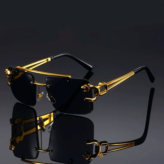 Vintage Luxury Golden Fahsion Glasses Cool Tiger Stand Women's Frameless Black For Men And Women Outdoor Travel Anti Glare Glass