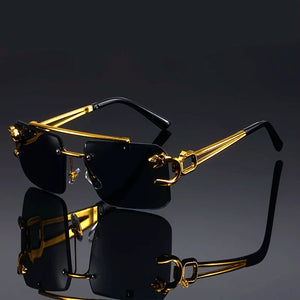 Vintage Luxury Golden Fahsion Glasses Cool Tiger Stand Women's Frameless Black For Men And Women Outdoor Travel Anti Glare Glass