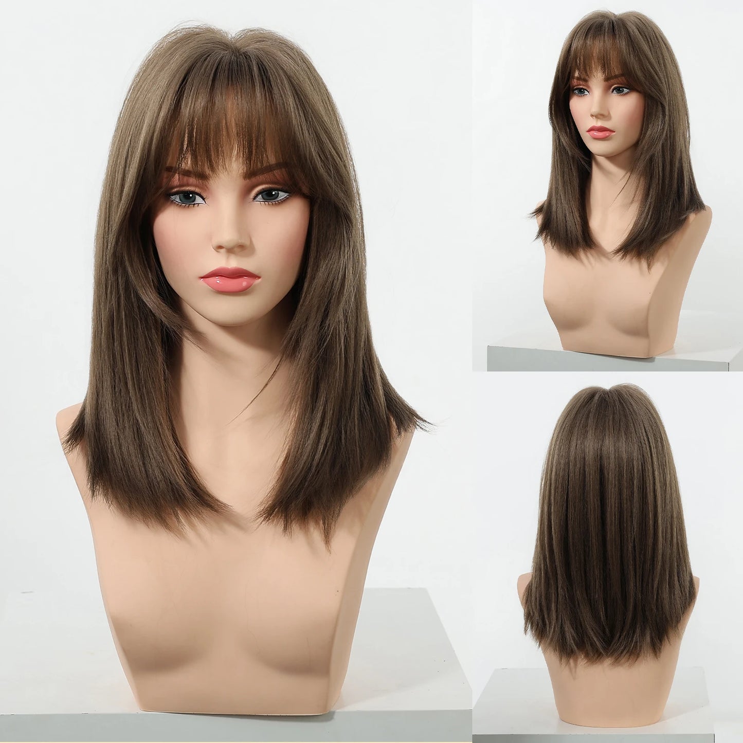 Medium Length Straight Wigs Gray Layered Synthetic Wigs With Bangs For Women Party Cosplay Natural Heat Resistant Fake Hair