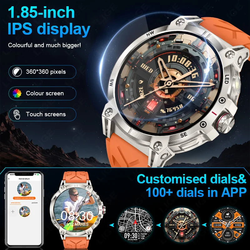 LIGE Outdoor Flashlight Smart Watch 1.85" HD Large Screen GPS Compass Bluetooth Call Fitness Sports IP68 Waterproof Smart Watch