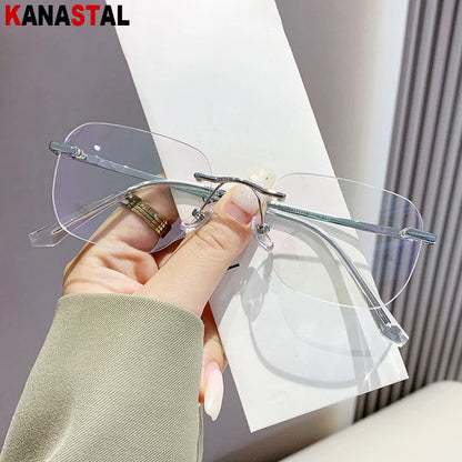 Men Titanium Rimless Eyeglasses Frame Blue Light Blocking Glasses Women Anti Fatigue Lenses Prescription Myopia Reading Eyewear
