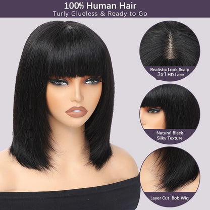 Glueless 3x1 Bob Wig Human Hair Ready To Wear And Go Short Straight Machine Made Bob Wig With Bangs Brazilian For Black Women