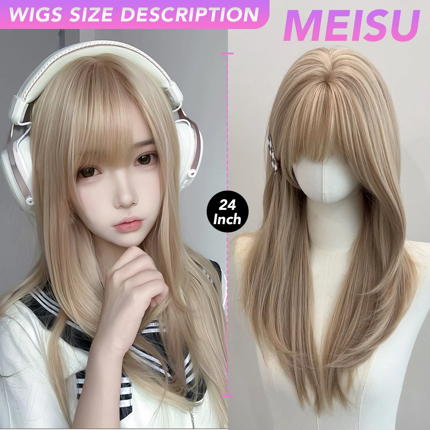 MEISU 24 Inch Synthetic Long Straight Bangs Wig Platinum Layered Fiber Heat-Resistant Natural Smooth Hair Party For Women
