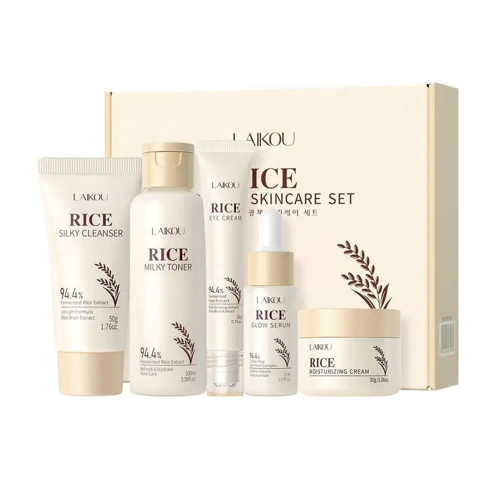 5PCS Rice Extract Skincare Set Moisturizing Facial Care Kit Cleanser Toner Serum Essence Eye Cream for Hydrating Glowing Skin