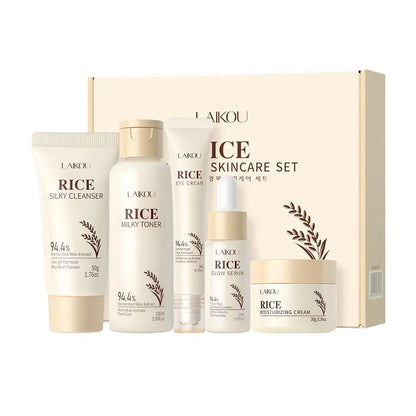 5PCS Rice Extract Skincare Set Moisturizing Facial Care Kit Cleanser Toner Serum Essence Eye Cream for Hydrating Glowing Skin