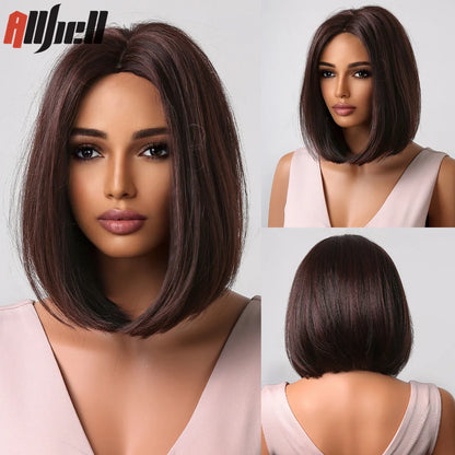 Medium Length Chestnut Brown Synthetic Wigs Middle Part Wine Red Highlights Straight Wig Heat Resistant for Women Party Cosplay