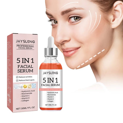 JAYSUING 5 in 1 Facial Serum Hyaluronic Acid Vitamin C Shrink Pores Hydrating Brightening Fade Fine Lines Firming Facial Serum