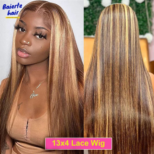 P4/27 Highlight Straight 13x6 Lace Frontal Human Hair Wig Blonde Brown Piano Colored 13x4 Transparent Lace Front Wig Pre Plucked