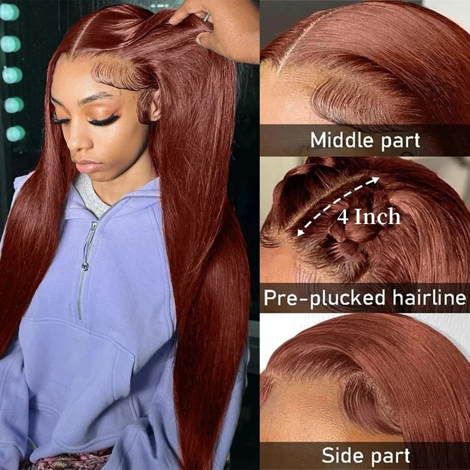 Reddish Brown Bone Straight 13x4 HD Transparent Lace Front Body Wave 100% Human Hair Wigs 180% Density Pre Plucked Copper Red