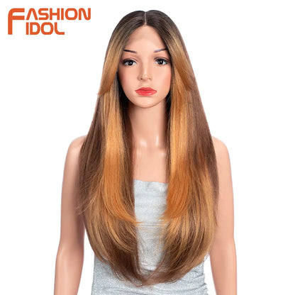 FASHION IDOL 26 Inch Yaki Straight Lace Front Wig Synthetic Hair Ombre Blonde Cosplay Wigs Heat Resistant Fiber Synthetic Hair