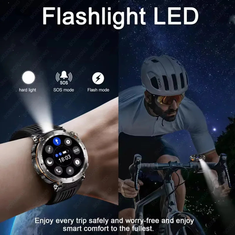 2025 New Outdoor Smart Watch Men 600mAh LED Flashlight SmartWatch Compass Bluetooth call Heart rate IP 68 Sports Smartwatch 2025