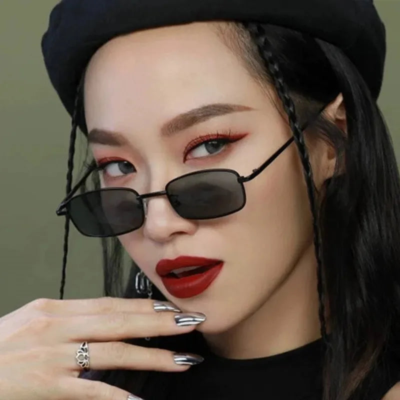 Retro Metal Small Square Glasses Women Men Silver Black Narrow Frame Sunglasses Simple Versatile Sunglasses Fashion Accessories