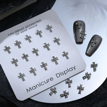 10Pcs Dark Series Cross Nail Charm Luxury Retro Silver Bottom Rhinestone Nail Art Decoration 3D Punk Cross Manicure DIY Supplies