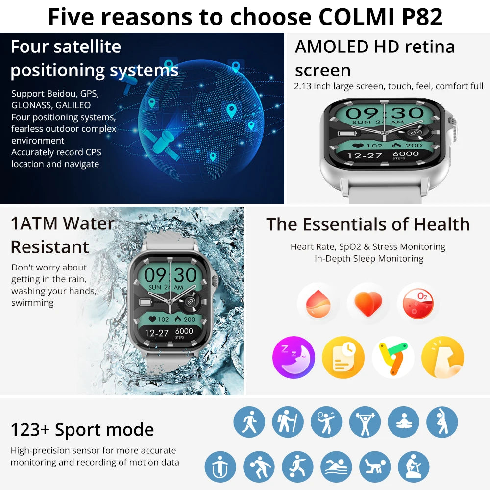 2025 COLMI P82 GPS Smart Watch 2.13" AMOLED HD Display Built-in GPS  Make/Receive Phone Calls Smartwatch For Men Women