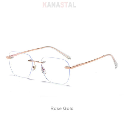 Men Titanium Rimless Eyeglasses Frame Blue Light Blocking Glasses Women Anti Fatigue Lenses Prescription Myopia Reading Eyewear