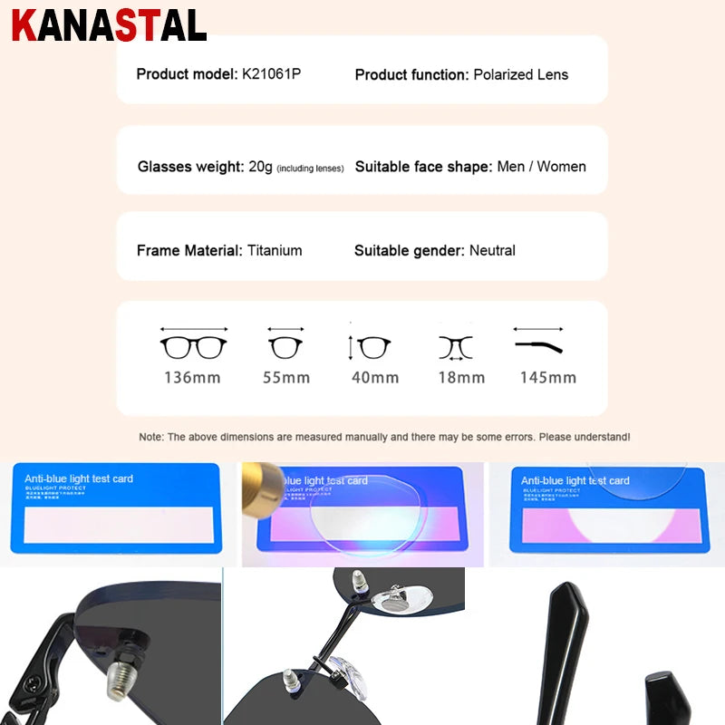 Men Pure Titanium Rimless Sunglasses Women Polarized Sun Glasses Frameless Eyeglasses Night Driving Goggles Anti UV400 Eyewear