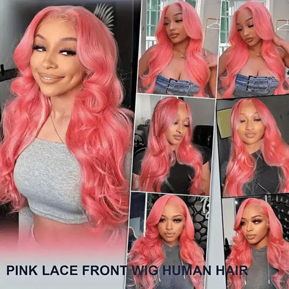 Pink Body Wave 13x4 13x6 HD Transparent Lace Frontal Wigs 30 40 Inch Lace Front Wig Color Human Hair Wigs Pre Plucked For Women