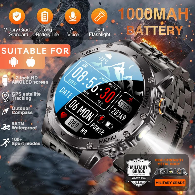 2025 New Outdoor Sports Military 1000mAh Battery Smart Watch Men GPS NFC 5ATM Waterproof Swim AMOLED Bluetooth Call Smartwatch