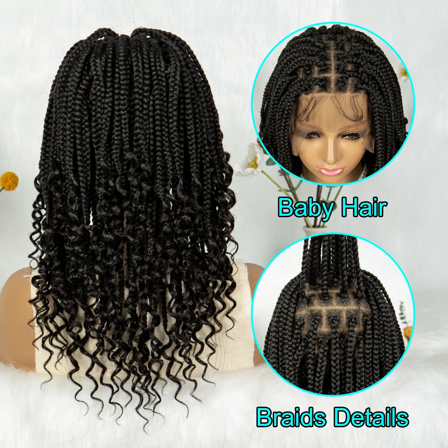 Knotless Box Braided Wigs with Curly Ends Synthetic Full Lace Boho Braided Lace Wigs Lace Frontal Braids Wig for Black Women