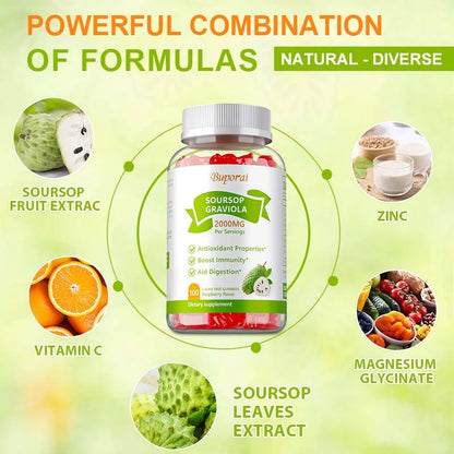 Soursop Graviola Gummies 2000Mg - Contains Vitamin C + Zinc To Aid Digestion, Cell Regeneration, Immune Support and Antioxidant