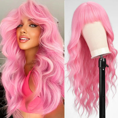 Black women's synthetic wig with big waves and straight bangs for cosplay. Worn daily with high-temperature synthetic hair.